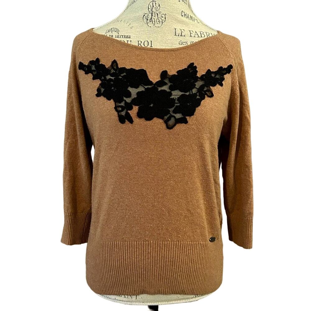 Adolfo Dominguez neutral tan black lace sheer sweater top boat neck sz L